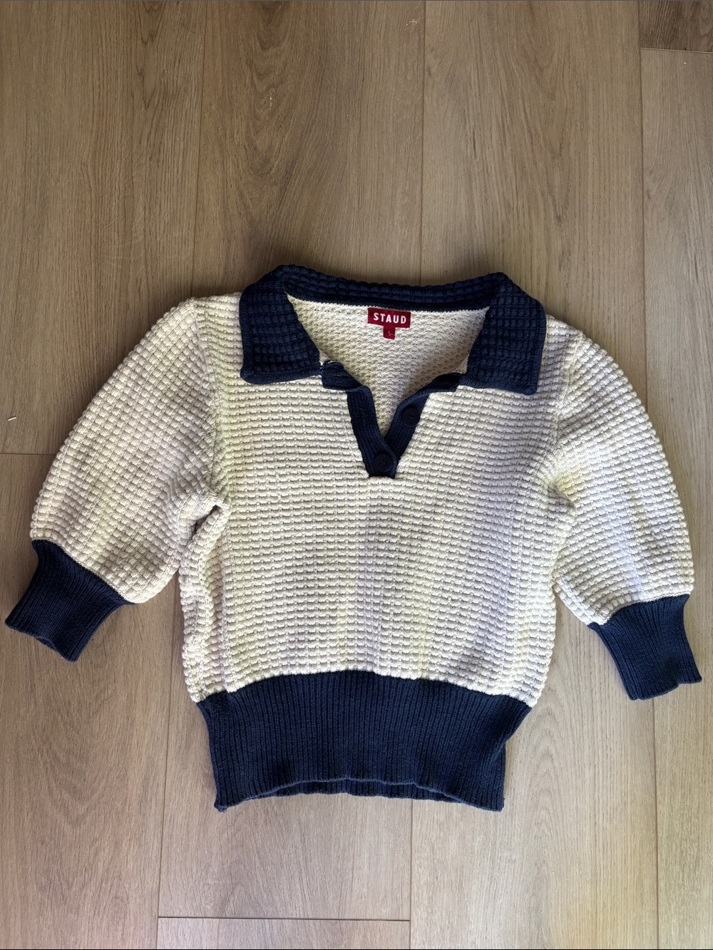STAUD Cream and Navy Polo V-Neck Sweater
